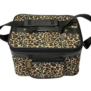 Cheetah Travel Case Dual Brass Zip Closure Lining & Mirror Shoulder Strap & Feet
